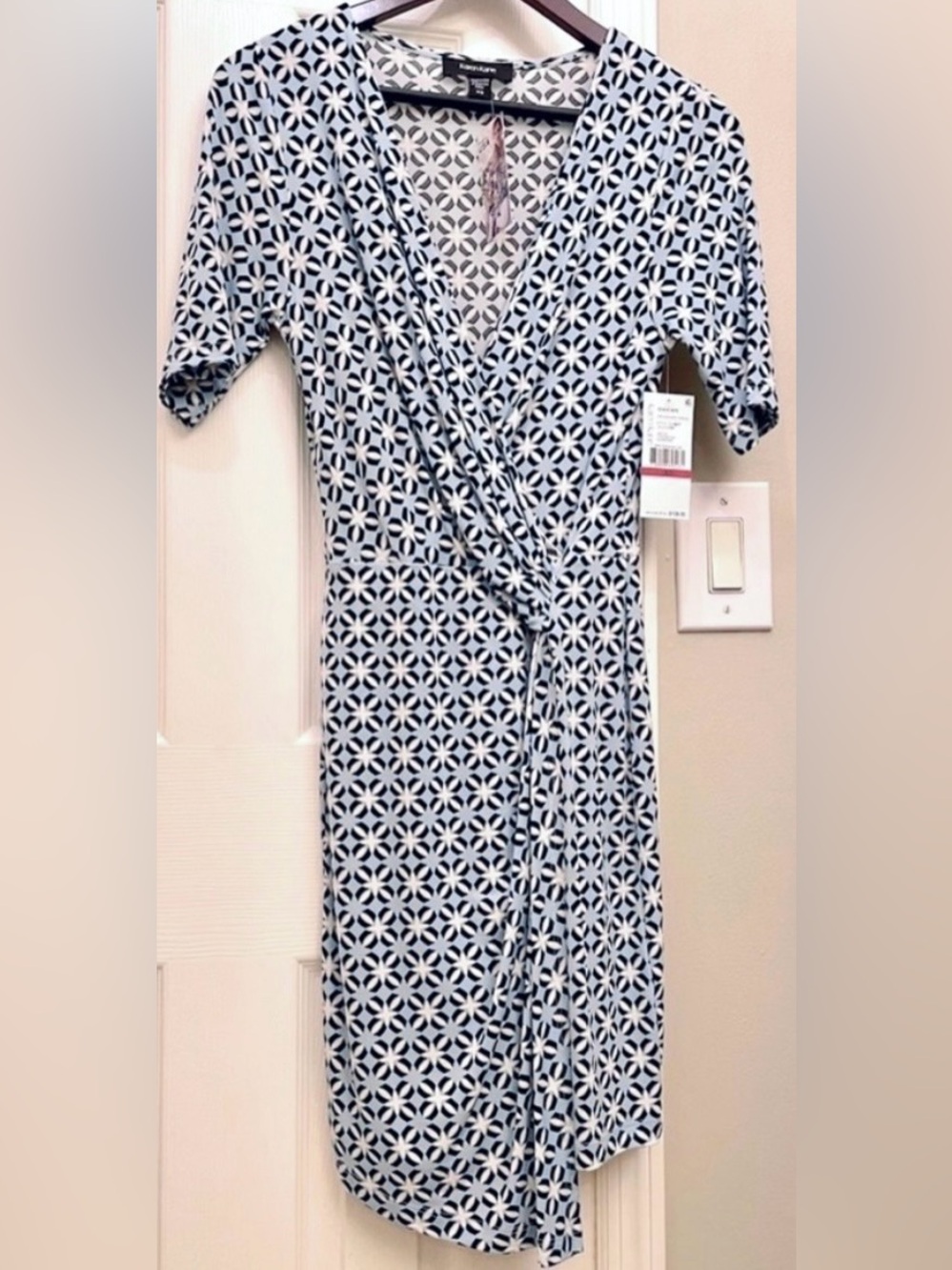 NWT~Karen Kane Sky Blue Geo Print Asymmetrical Crossover Mini Dress